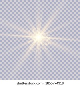 Gold glowing light burst explosion transparent. Vector illustration for cool effect decoration with ray sparkles. Bright star. Transparent shine gradient glitter, bright flare. Glare texture.