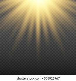 Gold glowing light burst explosion on transparent background. Bright yellow flare effect decoration with ray sparkles. Transparent shine gradient glare texture. Vector illustration lights effect eps10