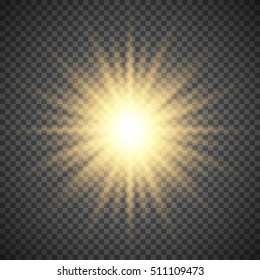 Gold glowing light burst explosion on transparent background. Bright yellow flare effect decoration with ray sparkles. Transparent shine gradient glare texture. Vector illustration lights effect eps10