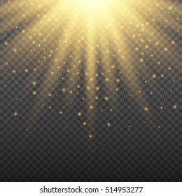 Gold glowing light burst explosion on transparent background. Bright yellow flare effect decoration with ray sparkles. Transparent shine gradient glare texture. Vector illustration lights effect eps10