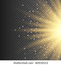 Gold glowing light burst explosion on transparent background. Bright yellow flare effect decoration with ray sparkles. Transparent shine gradient glare texture. Vector illustration lights effect eps10
