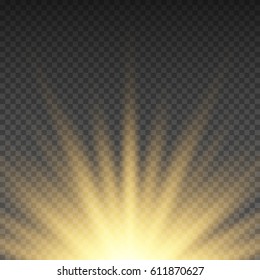 Gold glowing light burst explosion on transparent background. Bright yellow flare effect decoration with ray sparkles. Transparent shine gradient glare texture. Vector illustration lights effect eps10