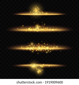 Gold glowing light effect vector illustration. Magic shiny golden dust line for banner design, luminous glares trail with sparkle glitter flare and shimmer glitz on black transparent background