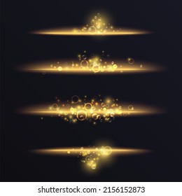 Gold glowing light effect vector illustration. Magic shiny golden dust line for banner design, luminous glares trail with sparkle glitter flare and shimmer glitz on dark black background