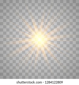 Gold glowing light explodes on a transparent background. Sparkling magical dust particles. Bright Star. Transparent shining sun, bright flash. Vector sparkles. To center a bright flash.