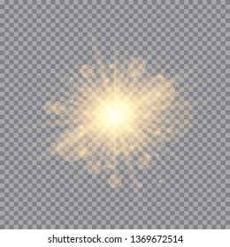 Gold glowing light explodes on a transparent background. Sparkling magical dust particles. Bright Star. Transparent shining sun, bright flash. Vector sparkles. To center a bright flash