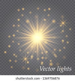 Gold glowing light explodes on a transparent background. Sparkling magical dust particles. Bright Star. Transparent shining sun, bright flash. Vector sparkles. To center a bright flash