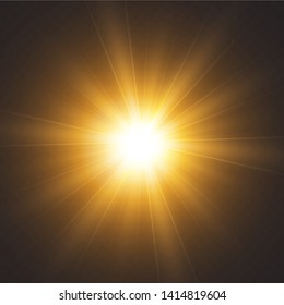 Gold glowing light explodes on a transparent background. with a beam. Transparent shining sun, bright flash. Special lens flare effect.