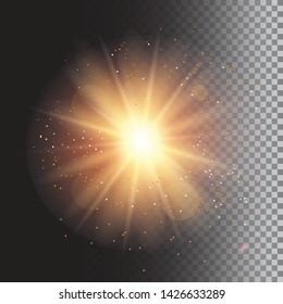 gold glowing light explodes on a transparent background. Sparkling magical dust particles. Bright Star. Transparent shining sun, bright flash. Vector sparkles. To center a bright flash. Christmas