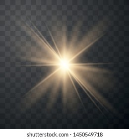 Gold glowing light explodes on a transparent background. Sparkling magical dust particles. Bright Star. Transparent shining sun, bright flash. Vector sparkles.
