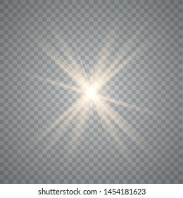 Gold glowing light explodes on a transparent background. Sparkling magical dust particles. Bright Star. Transparent shining sun, bright flash. Vector sparkles.