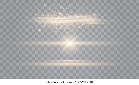 Gold glowing light explodes on a transparent background.Laser beams, horizontal light rays.Beautiful light flares. Glowing streaks on dark background. 