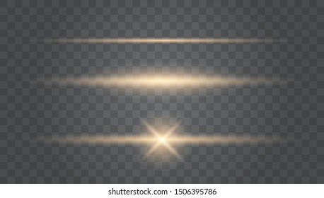 Gold glowing light explodes on a transparent background.Laser beams, horizontal light rays. Transparent Lens Flare. 