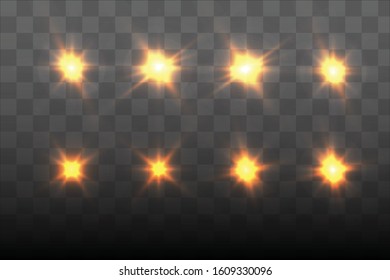 gold glowing light explodes on a transparent background. Sparkling magical dust particles. Bright Star. Transparent shining sun, bright flash. Vector sparkles. To center a bright flash.