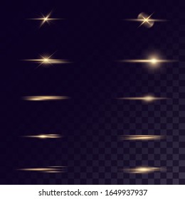 La luz dorada resplandece sobre un fondo transparente. con una viga. Sol claro y brillante. Efecto especial de la lente.