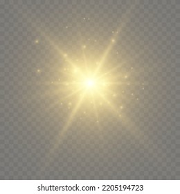 Gold glowing light explodes on a transparent background. Bright Star. Transparent shining sun, bright flash. Vector graphics.