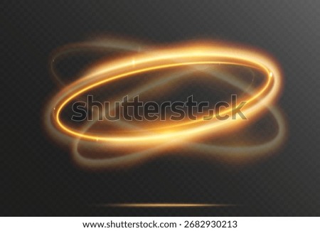 Gold glowing light ring swirl with sparkles and energy effect on dark transparent background.