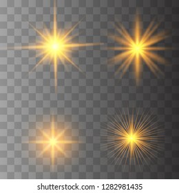 Gold glowing light set explodes on a transparent background. Sparkling magical dust particles. Bright Star. Transparent shining sun, bright flash. Vector sparkles. To center a bright flash.