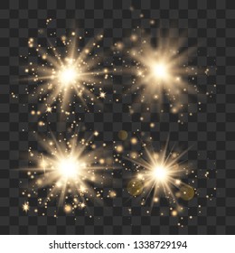 Gold glowing light set explodes on a transparent background.Glowing lights effect, flare, explosion and stars. Sun flash with rays and spotlight.