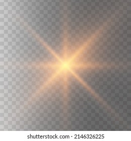 Gold glowing light star on a black background. Transparent shining sun, star explodes and bright flash. Gold bright illustration starburst.
