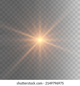 Estrella dorada brillante de luz sobre un fondo negro. Sol brillante transparente, explosiones de estrellas y destellos brillantes. Starburst de ilustración brillante de oro.