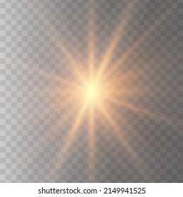 Estrella dorada brillante de luz sobre un fondo negro. Sol brillante transparente, explosiones de estrellas y destellos brillantes. Una brillante ilustración. 