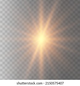 Gold glowing light star on a black background. Transparent shining sun, star explodes and bright flash. Gold bright illustration starburst. 