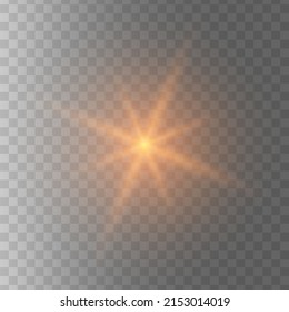 Gold glowing light star on a black background. Transparent shining sun, star explodes and bright flash. Gold bright illustration starburst. 