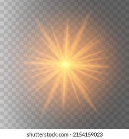 Estrella dorada brillante de luz sobre un fondo negro. Sol brillante transparente, explosiones de estrellas y destellos brillantes. Starburst de ilustración brillante de oro. 