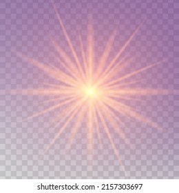 Estrella dorada brillante de luz sobre un fondo negro. Sol brillante transparente, explosiones de estrellas y destellos brillantes. Starburst de ilustración brillante de oro. 