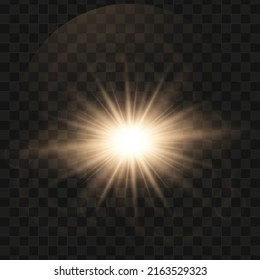 Gold glowing light star on a black background. Transparent shining sun, star explodes and bright flash. Gold bright illustration starburst. 