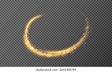 Gold glowing lines of speed. light effect with bokeh and sparkles on a transparent background. Light trail wave, fire trail line and glow curve swirl.