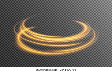 Gold glowing lines of speed. light effect with bokeh and sparkles on a transparent background. Light trail wave, fire trail line and glow curve swirl.