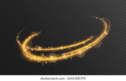 Gold glowing lines of speed. light effect with bokeh and sparkles on a transparent background. Light trail wave, fire trail line and glow curve swirl.