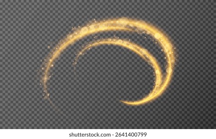 Gold glowing lines of speed. light effect with bokeh and sparkles on a transparent background. Light trail wave, fire trail line and glow curve swirl.