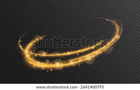 Gold glowing lines of speed. light effect with bokeh and sparkles on a transparent background. Light trail wave, fire trail line and glow curve swirl.
