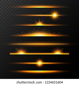 Gold glowing lines with stars set. Shining line set. Golden realistic lens flare set. Collection of light effects on transparent background. Flash with rays and spotlight. Glow lights, stars and