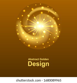 Gold glowing logo design. Dynamic golden wavy spiral swirl shape with shiny sparkles and light flash. Abstract vector illustration