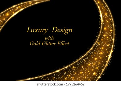 Diseño lujoso dorado, giro dorado dinámico en negro con brillantes chispas y destellos de polvo estrella. Ilustración de vector abstracta para el fondo del afiche o de la cubierta.