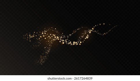 Gold, glowing magic dust trail effect on dark transparent background. Realistic wavy glowing path with round shaped sparkles or glitter. Vector illustration for graphic design, photo overlays, digital