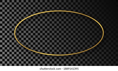 Gold glowing oval shape frame with shadow isolated on dark transparent background. Shiny frame with glowing effects. Vector illustration.