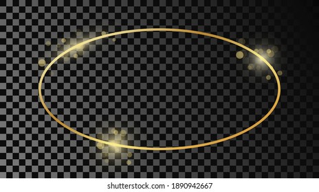 Goldener, ovaler Rahmen einzeln auf dunkeltransparentem Hintergrund. Leuchtender Rahmen mit leuchtenden Effekten. Vektorgrafik.