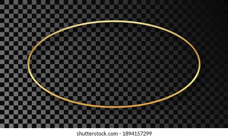 Gold glowing oval shape frame with shadow isolated on dark transparent background. Shiny frame with glowing effects. Vector illustration.