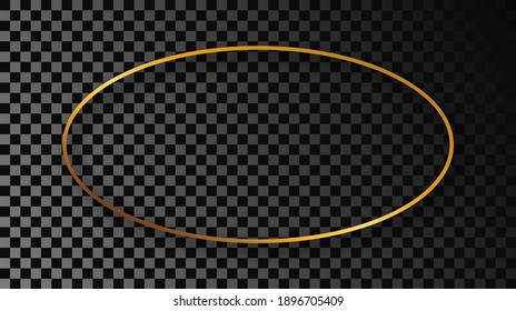 Gold glowing oval shape frame with shadow isolated on dark transparent background. Shiny frame with glowing effects. Vector illustration.