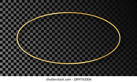 Gold glowing oval shape frame with shadow isolated on dark transparent background. Shiny frame with glowing effects. Vector illustration.