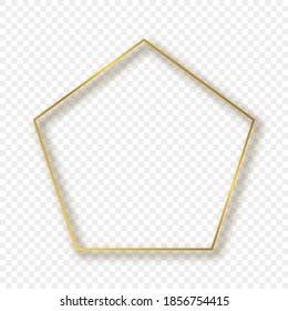 Gold glowing pentagon shape frame with shadow isolated on transparent background. Shiny frame with glowing effects. Vector illustration.