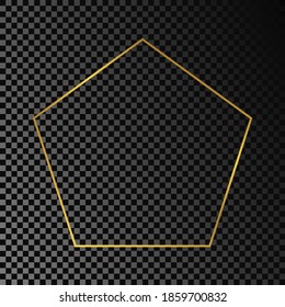 Marco de forma de pentágono dorado aislado sobre fondo transparente oscuro. Marco brillante con efectos brillantes. Ilustración vectorial.