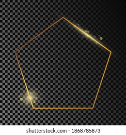 Gold glowing pentagon shape frame isolated on dark transparent background. Shiny frame with glowing effects. Vector illustration.