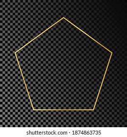 Marco de forma de pentágono dorado aislado sobre fondo transparente oscuro. Marco brillante con efectos brillantes. Ilustración vectorial.