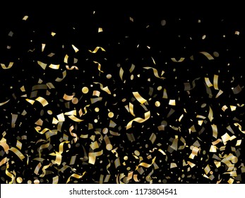 Gold glowing realistic confetti flying on black holiday vector background. Rich flying sparkle elements, gold foil texture serpentine streamers confetti falling party vector.